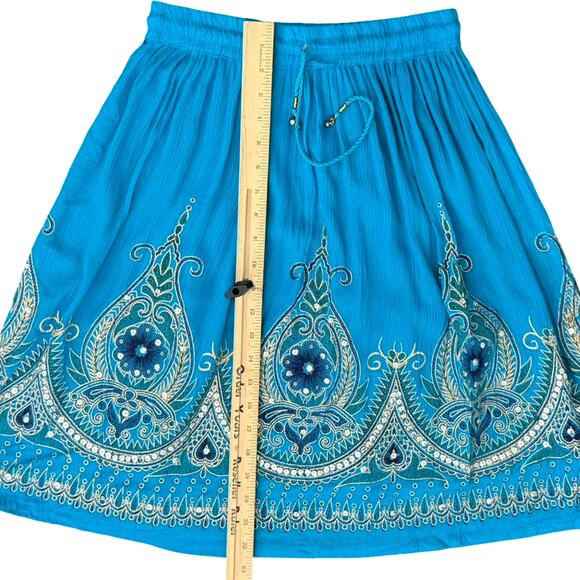 Blue Yellow Boho Bohemian Embroidered Tie Elastic Waist Knee Length Skirt size M - Picture 5 of 7